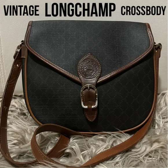 Vintage Longchamp Crossbody Bag-Leather-Brown Tones/Black-Flap Snap Closure - Picture 1 of 17